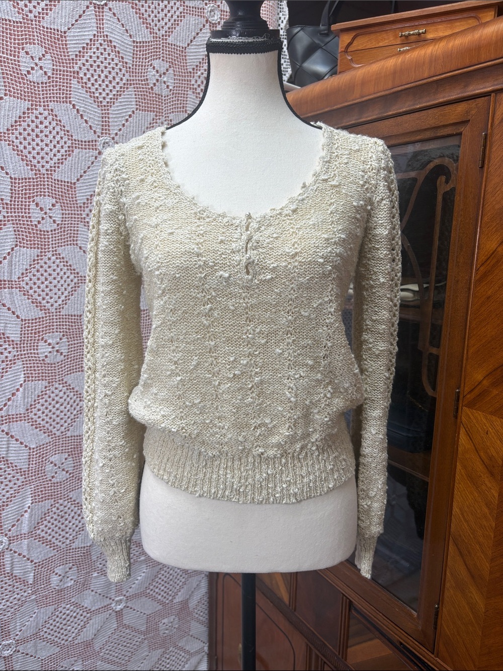 Handcrafted Cream Metallic Knit Sweater | M/L